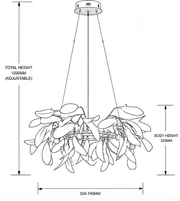 Black and white line drawing schematic of a hanging chandelier with dimension annotations showing total height 1200mm adjustable, body height 3200mm, and diameter 740mm.