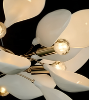 A close-up of a modern multi-arm chandelier with glossy white teardrop-shaped glass shades and brushed brass metal arms, set against a solid black background.