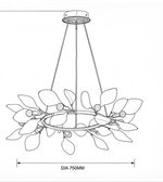 Black and white line drawing of a leaf-shaped hanging chandelier with a dimension label indicating a diameter of 750mm.
