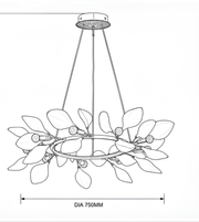 Black and white line drawing of a leaf-shaped hanging chandelier with a dimension label indicating a diameter of 750mm.