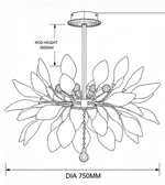 Black and white line drawing schematic of a leafy chandelier showing dimensions: rod height 300mm and diameter 750mm.