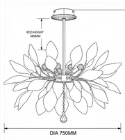Black and white line drawing schematic of a leafy chandelier showing dimensions: rod height 300mm and diameter 750mm.