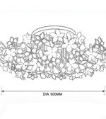 Black and white line drawing of a floral garland with a basket handle, showing a dimension label 'DIA 900MM' underneath.
