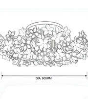 Black and white line drawing of a floral garland with a basket handle, showing a dimension label 'DIA 900MM' underneath.
