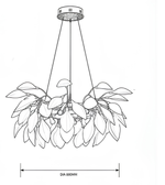 Black and white line drawing of a hanging leaf chandelier with a dimension label reading DIA 880MM below it, on a plain white background.