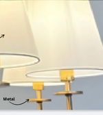 Detail of the chandelier's gold-tone metal arm and shade fitting.