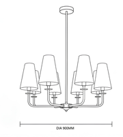 Technical line drawing of an eight-light chandelier with tapered shades, showing a diameter of 900 mm.