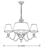 Technical line drawing of a five-light chandelier with a central shade and four surrounding shades, showing a 700 mm diameter.
Copy alt text