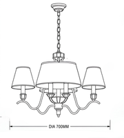Technical line drawing of a five-light chandelier with a central shade and four surrounding shades, showing a 700 mm diameter.
Copy alt text