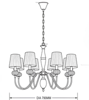 Technical line drawing of a gold eight-light chandelier with pleated shades and a specified diameter of 790 mm.
Copy alt text