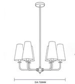 Black and white line drawing schematic of a 5-light chandelier, showing the diameter as 730mm.