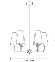 Black and white line drawing schematic of a 5-light chandelier, showing the diameter as 730mm.