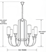 Black and white line drawing of a six-light chandelier with dimension labels showing total height 1250mm adjustable, body height 820mm, and diameter 760mm.