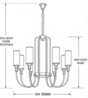 Technical drawing of a gold six-light chandelier with white cylindrical shades showing a 760 mm diameter, 620 mm body height, and 1250 mm adjustable overall height.
