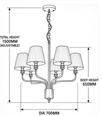 Technical drawing of a six-light gold chandelier showing a 700 mm diameter, 650 mm body height, and adjustable total hanging height of 1500 mm.