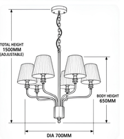 Technical drawing of a six-light gold chandelier showing a 700 mm diameter, 650 mm body height, and adjustable total hanging height of 1500 mm.