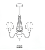 Technical line drawing of a three-light brass and wood chandelier showing an overall diameter of 720 mm.
Copy alt text