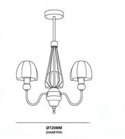 Technical line drawing of a three-light brass and wood chandelier showing an overall diameter of 720 mm.
Copy alt text
