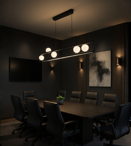 Lumen Grid modern black linear chandelier with frosted globes over conference table.