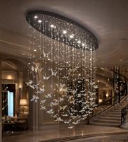 Rectangle chandelier with crystal butterfly accents by Daya Worldwide, featuring elegant hanging crystals and a modern design.