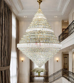Double height Royal Pyramid tiered glass crystal chandelier by Daya Worldwide, featuring multiple glass tiers and intricate crystal details.