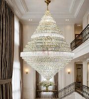 Double height Royal Pyramid tiered glass crystal chandelier by Daya Worldwide, featuring multiple glass tiers and intricate crystal details.