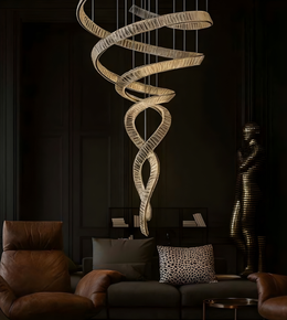 Modern chandelier hanging above a living room with dark walls and furniture.