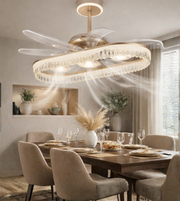 Modern ceiling fan with light fixture in a dining room setting