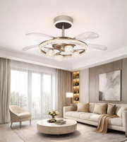 Daya Lumina Crystal Retractable Fandelier ceiling fan with clear crystal accents and modern design, mounted on a ceiling.