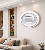 Round wall-mounted LED light with integrated ventilation fan in a modern living room