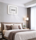 Square designer LED wall light with integrated ventilation fan in a modern room interior