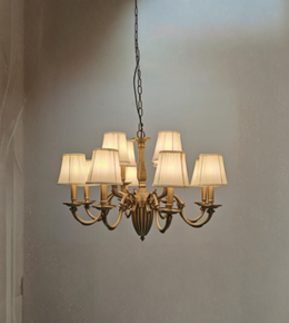 Chandelier with six lampshades on a plain wall
