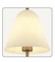 Decorative wall light fixture with a beige shade and gold base on a white background