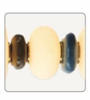 Close-up of a gold and blue beaded bracelet on a white background