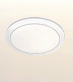 A round flush-mount LED ceiling light fixture with a clear acrylic outer ring and a white diffuser in the center, shown against a plain off-white background.