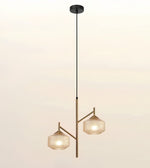 A modern two-light pendant ceiling fixture with a black canopy and cord, featuring two gold-toned arms and faceted clear glass shades, shown against a plain light background.