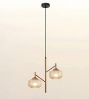 A modern two-light pendant ceiling fixture with a black canopy and cord, featuring two gold-toned arms and faceted clear glass shades, shown against a plain light background.